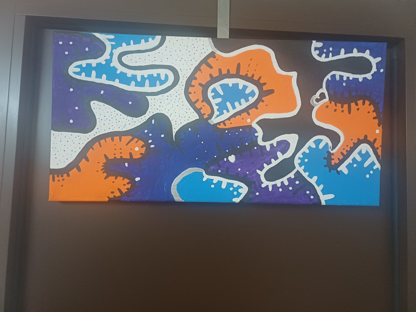 Clown Warfare These flowing, orange and blue spikey forms feel like something between deep sea creatures and distant galaxies, drifting across violet and white. A canvas that manages to feel intimate and vast.