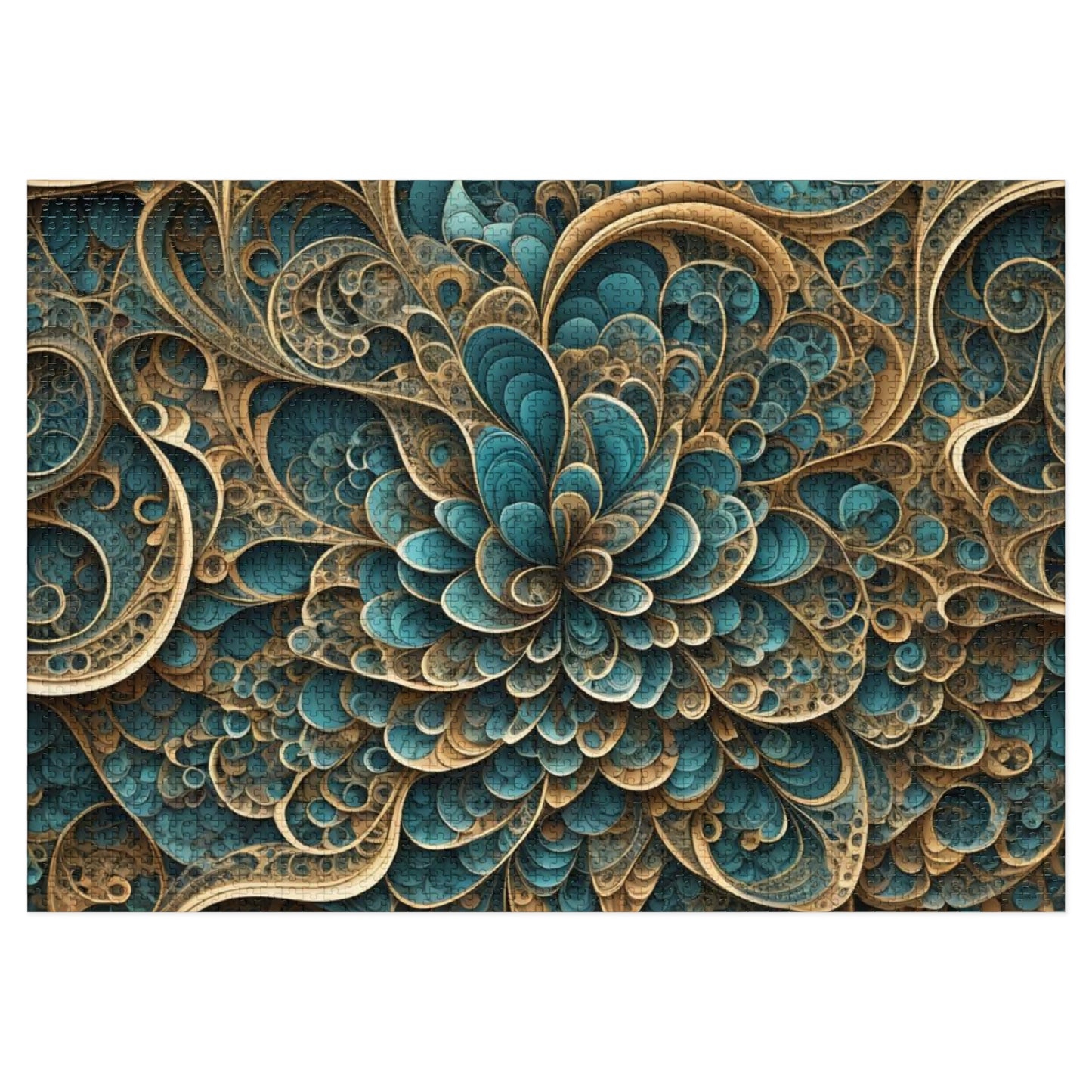 SWIRL BluGold Abstract flower Jigsaw Puzzle with Tin,  30 - 2000 pieces.