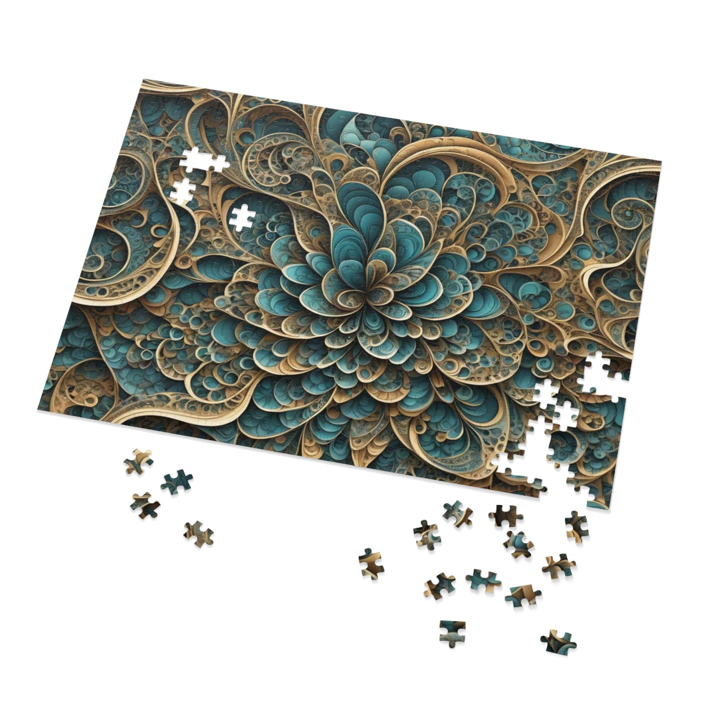 SWIRL BluGold Abstract flower Jigsaw Puzzle with Tin,  30 - 2000 pieces.