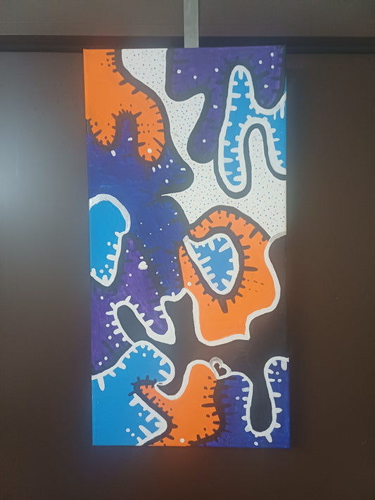 Clown Warfare               These flowing, orange and blue spikey forms feel like something between deep sea creatures and distant galaxies, drifting across violet and white. A canvas that manages to feel intimate and vast.