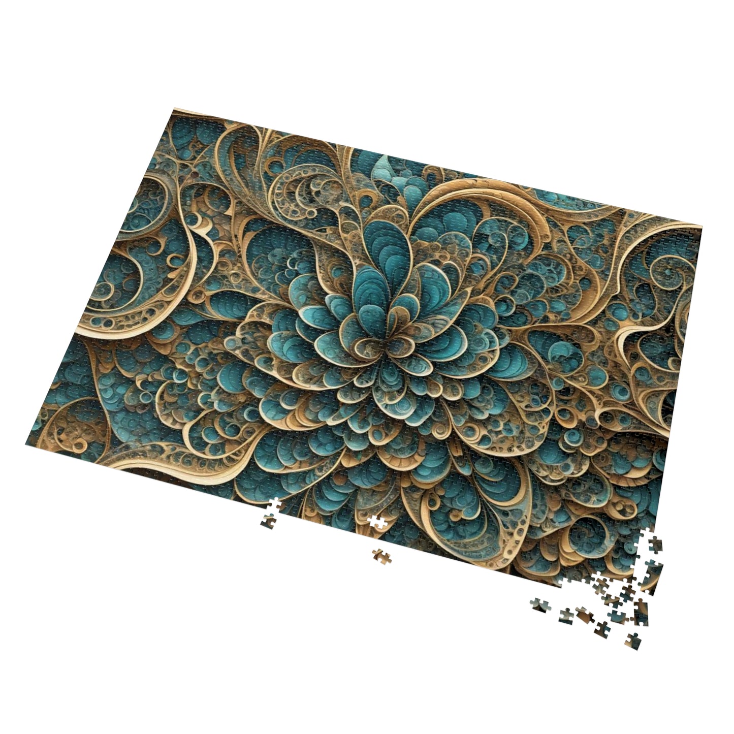 SWIRL BluGold Abstract flower Jigsaw Puzzle with Tin,  30 - 2000 pieces.