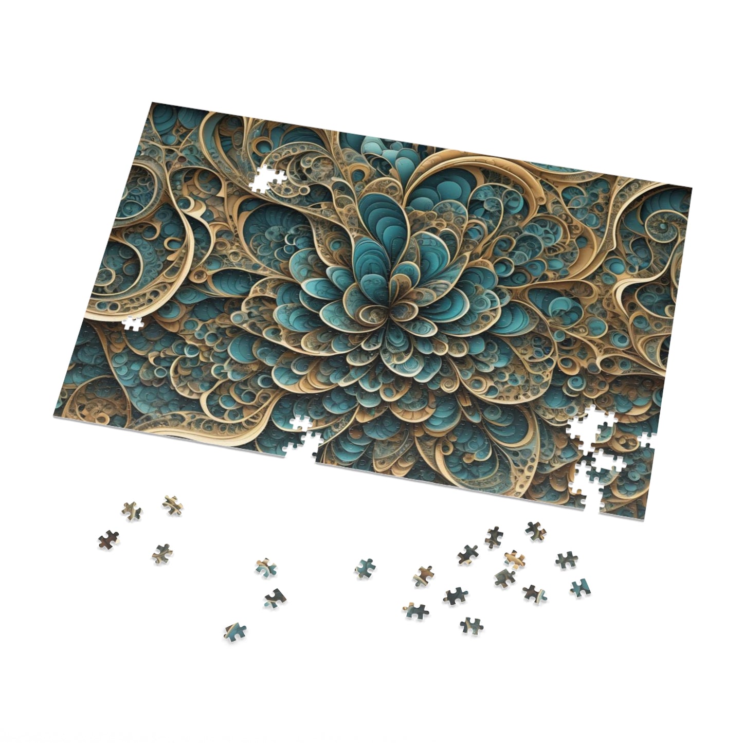 SWIRL BluGold Abstract flower Jigsaw Puzzle with Tin,  30 - 2000 pieces.