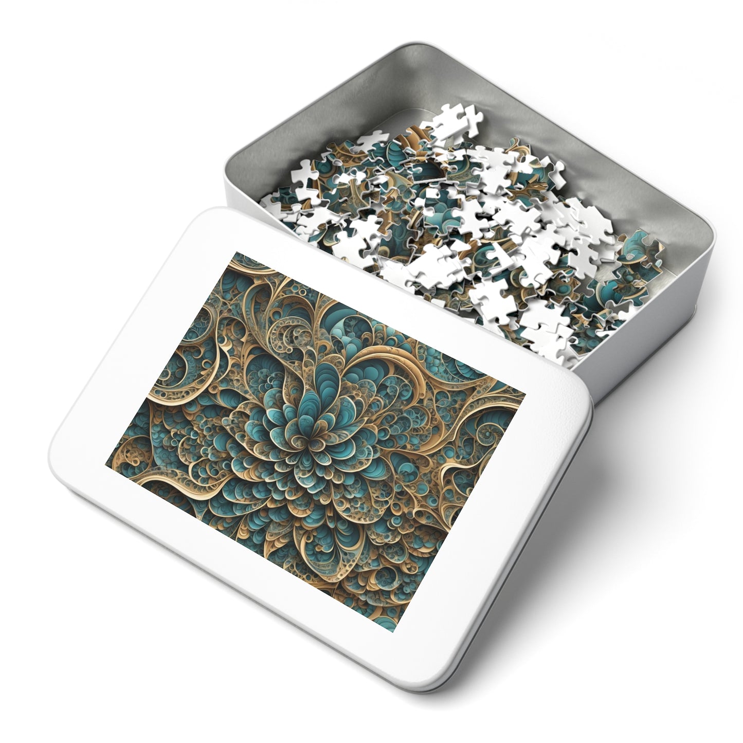 SWIRL BluGold Abstract flower Jigsaw Puzzle with Tin,  30 - 2000 pieces.