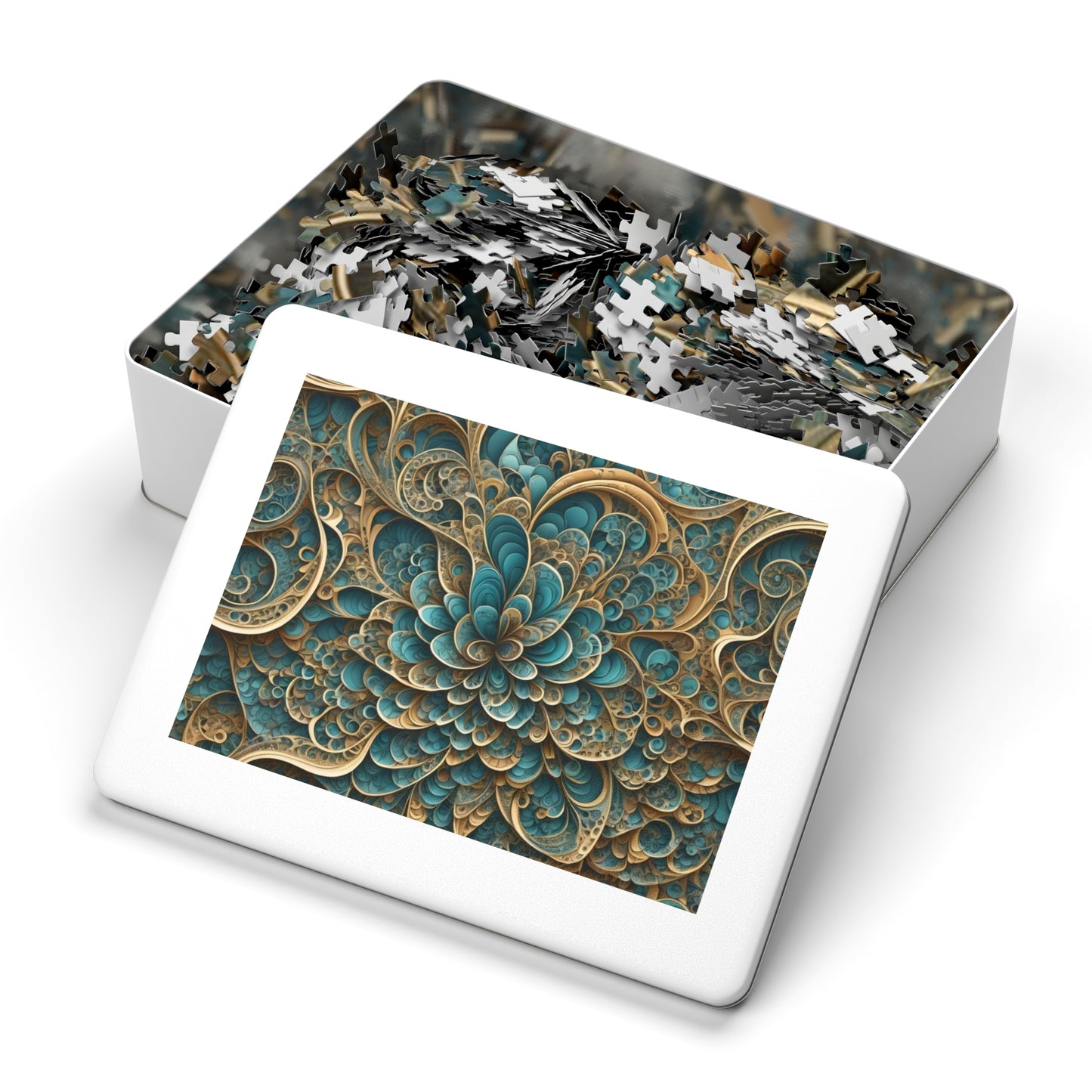 SWIRL BluGold Abstract flower Jigsaw Puzzle with Tin,  30 - 2000 pieces.