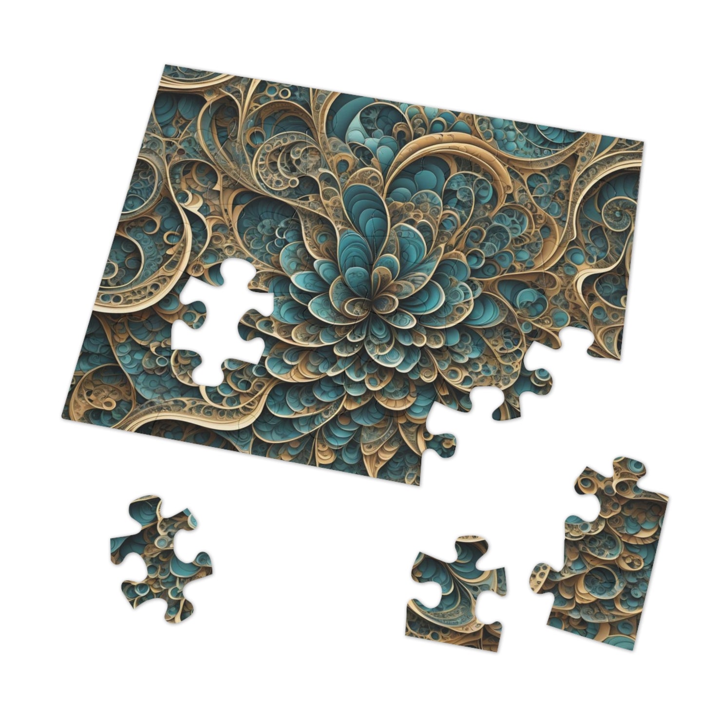 SWIRL BluGold Abstract flower Jigsaw Puzzle with Tin,  30 - 2000 pieces.